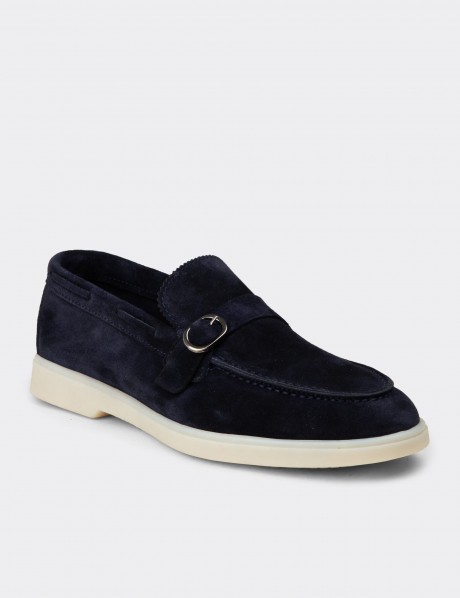 Erkek Hakiki Süet Lacivert Tokalı Loafer