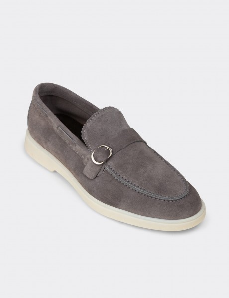 Erkek Hakiki Süet Gri Tokalı Loafer
