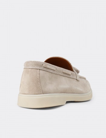 Erkek Hakiki Süet Bej Püsküllü Loafer - 02027MBEJC01
