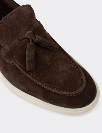 Erkek Hakiki Süet Kahverengi Püsküllü Loafer - 02027MKHVC01