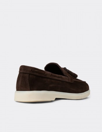 Erkek Hakiki Süet Kahverengi Püsküllü Loafer - 02027MKHVC01