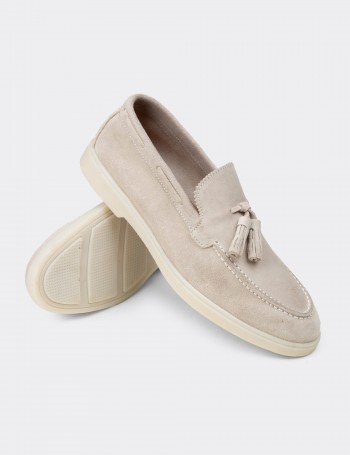 Erkek Hakiki Süet Bej Püsküllü Loafer - 02027MBEJC01