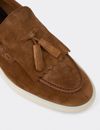 Erkek Hakiki Süet Taba Renk Püsküllü Loafer - 02030MTBAC01