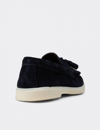 Erkek Hakiki Süet Lacivert Püsküllü Loafer - 02030MLCVC01