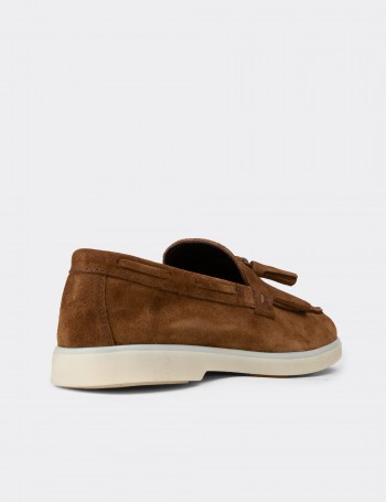 Erkek Hakiki Süet Taba Renk Püsküllü Loafer - 02030MTBAC01