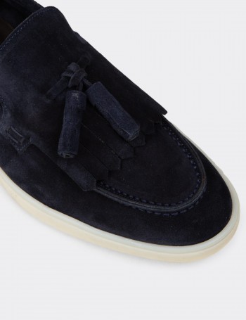 Erkek Hakiki Süet Lacivert Püsküllü Loafer - 02030MLCVC01