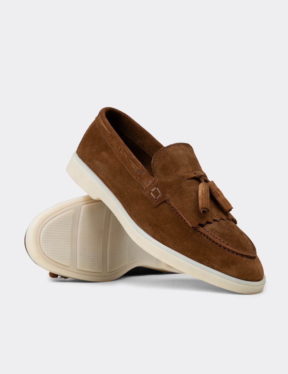 Erkek Hakiki Süet Taba Renk Püsküllü Loafer - 02030MTBAC01