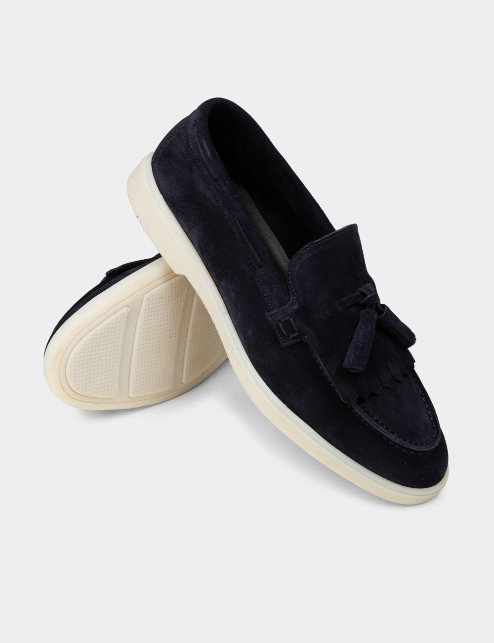Erkek Hakiki Süet Lacivert Püsküllü Loafer - 02030MLCVC01