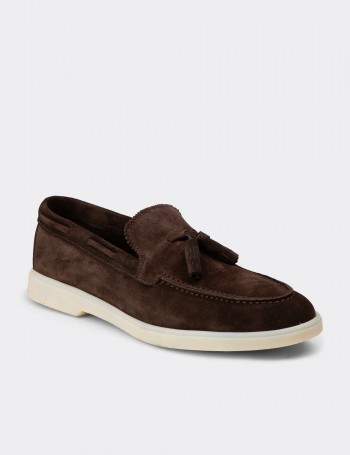 Erkek Hakiki Süet Kahverengi Püsküllü Loafer - 02027MKHVC01