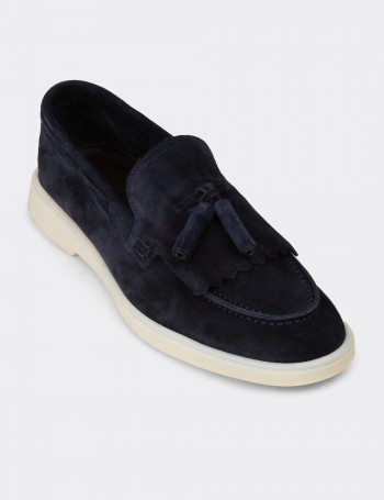 Erkek Hakiki Süet Lacivert Püsküllü Loafer - 02030MLCVC01