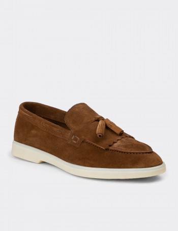 Erkek Hakiki Süet Taba Renk Püsküllü Loafer - 02030MTBAC01