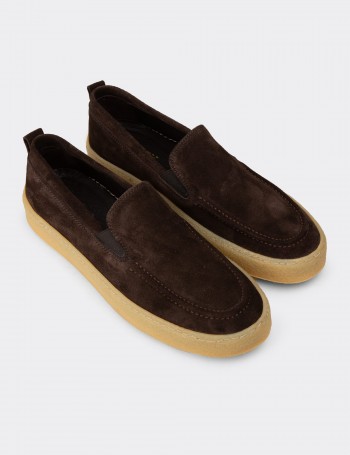 Erkek Hakiki Süet Kahverengi Loafer Ayakkabı - 02047MKHVC01