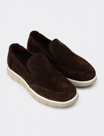 Erkek Hakiki Süet Kahverengi Loafer Ayakkabı - 02044MKHVE01