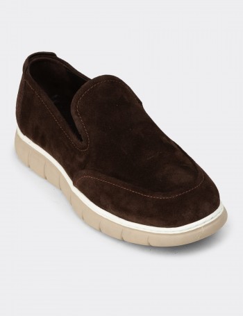 Erkek Hakiki Süet Kahverengi Loafer Ayakkabı - 02044MKHVE01