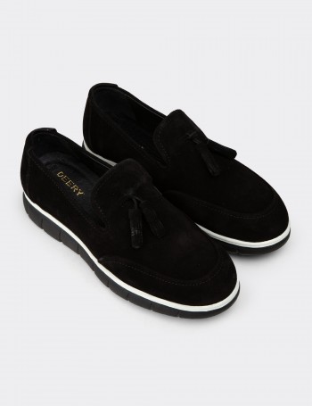 Erkek Hakiki Süet Siyah Püsküllü Loafer - 02048MSYHE01