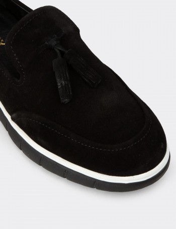 Erkek Hakiki Süet Siyah Püsküllü Loafer - 02048MSYHE01