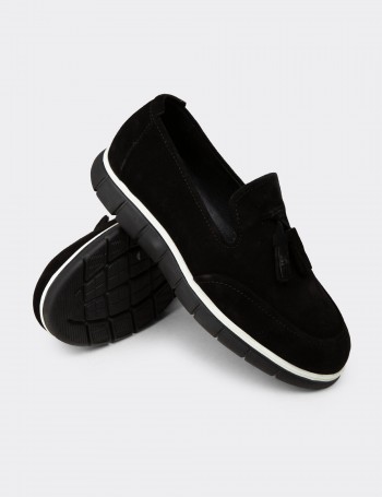 Erkek Hakiki Süet Siyah Püsküllü Loafer - 02048MSYHE01