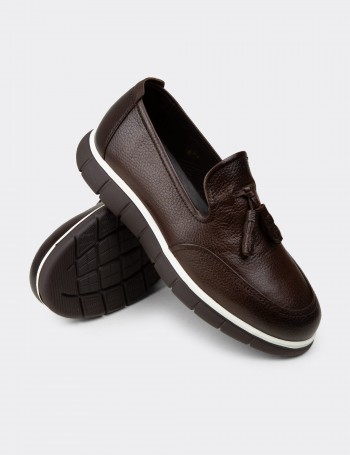 Erkek Kahverengi Hakiki Deri Püsküllü Loafer - 02048MKHVE01