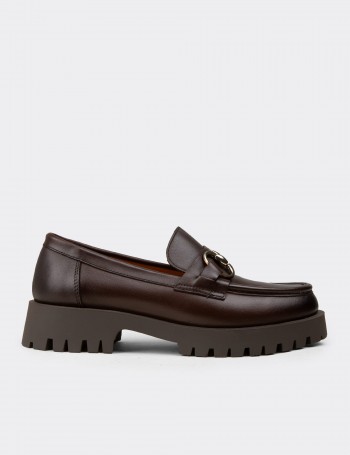 Kadın Kahverengi Hakiki Deri Tokalı Loafer - 02037ZKHVC02