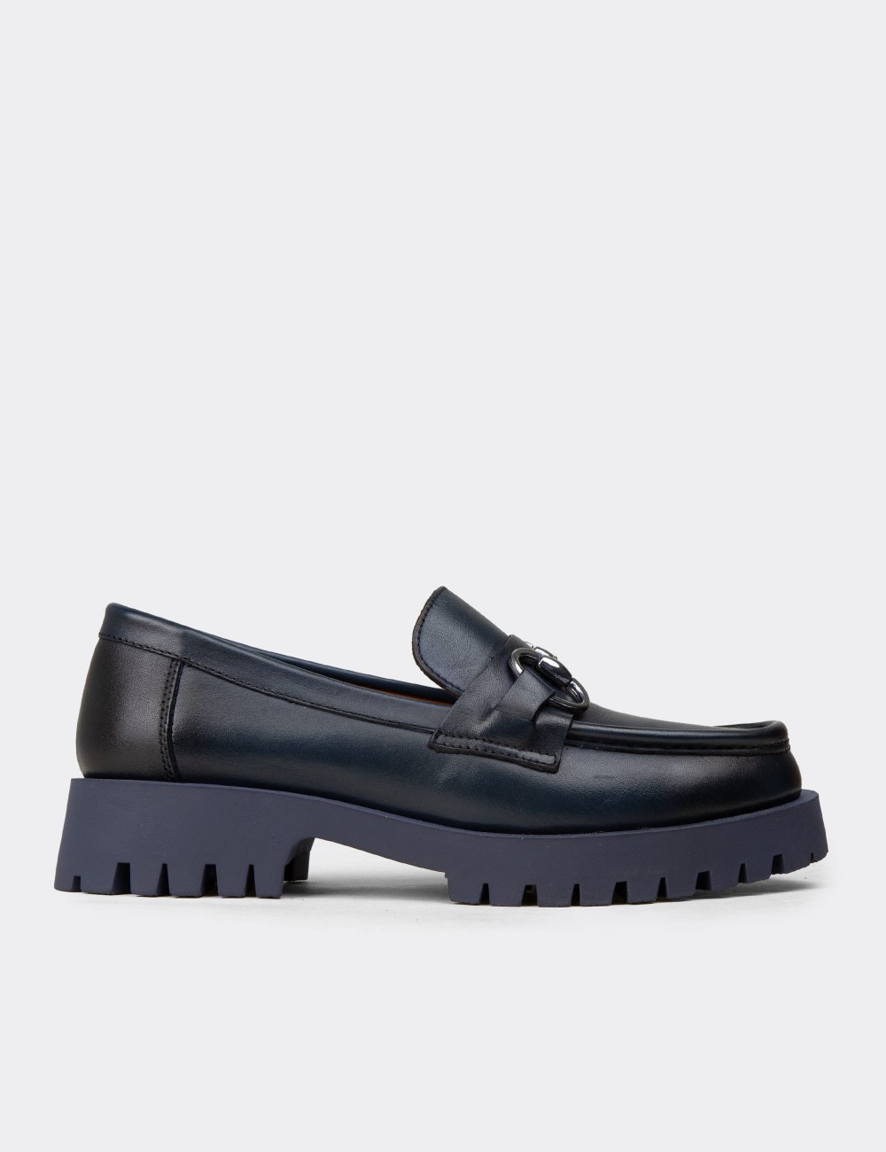Kadın Hakiki Deri Lacivert Tokalı Loafer - 02037ZLCVE01