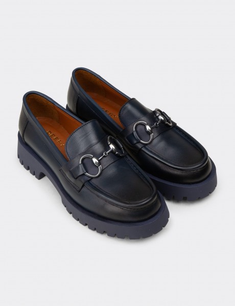 Kadın Hakiki Deri Lacivert Tokalı Loafer