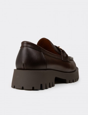 Kadın Kahverengi Hakiki Deri Tokalı Loafer - 02037ZKHVC02