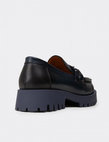 Kadın Hakiki Deri Lacivert Tokalı Loafer - 02037ZLCVE01