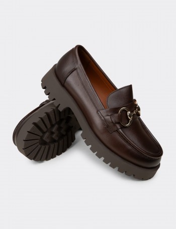 Kadın Kahverengi Hakiki Deri Tokalı Loafer - 02037ZKHVC02