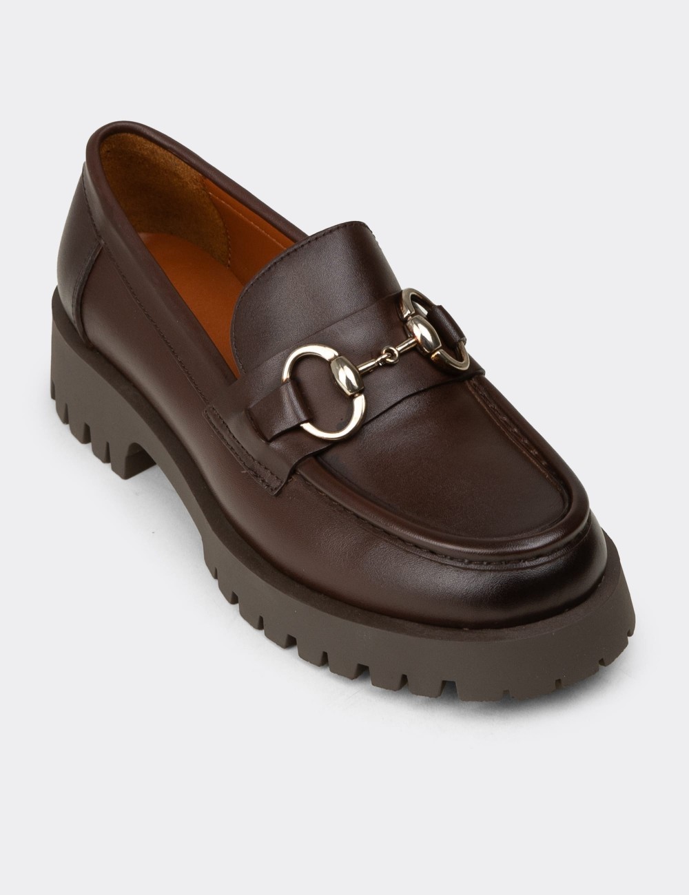 Kadın Kahverengi Hakiki Deri Tokalı Loafer - 02037ZKHVC02