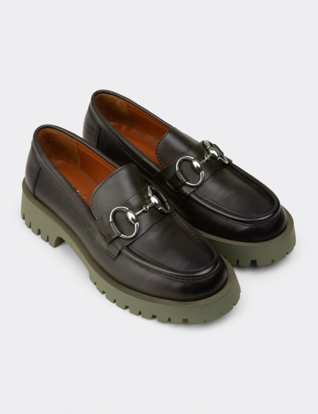 Kadın Yeşil Hakiki Deri Tokalı Loafer