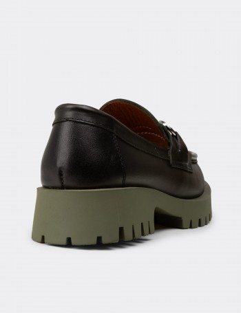 Kadın Yeşil Hakiki Deri Tokalı Loafer - 02037ZYSLC01
