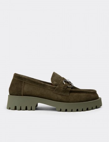 Kadın Hakiki Süet Yeşil Tokalı Loafer