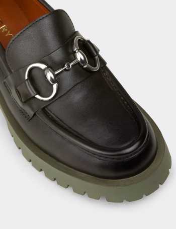 Kadın Yeşil Hakiki Deri Tokalı Loafer - 02037ZYSLC01