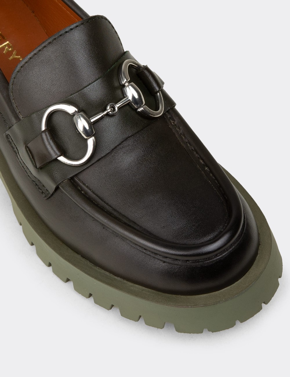 Kadın Yeşil Hakiki Deri Tokalı Loafer - 02037ZYSLC01