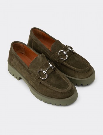 Kadın Hakiki Süet Yeşil Tokalı Loafer