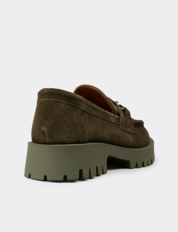 Kadın Hakiki Süet Yeşil Tokalı Loafer - 02037ZYSLC03