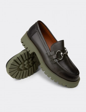 Kadın Yeşil Hakiki Deri Tokalı Loafer - 02037ZYSLC01