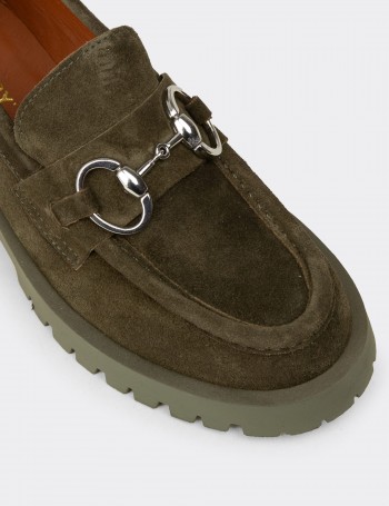 Kadın Hakiki Süet Yeşil Tokalı Loafer - 02037ZYSLC03