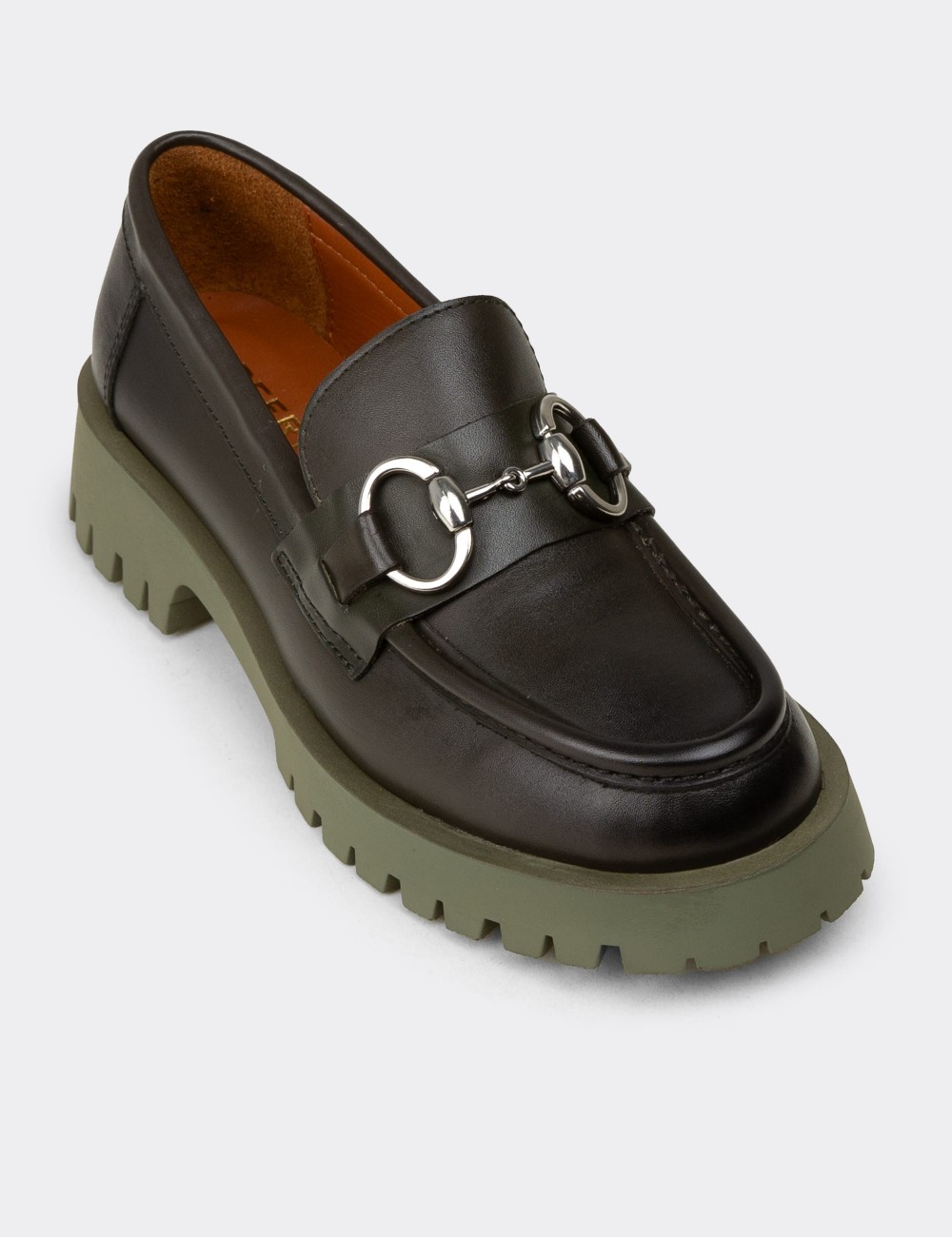 Kadın Yeşil Hakiki Deri Tokalı Loafer - 02037ZYSLC01