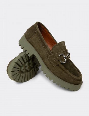 Kadın Hakiki Süet Yeşil Tokalı Loafer - 02037ZYSLC03
