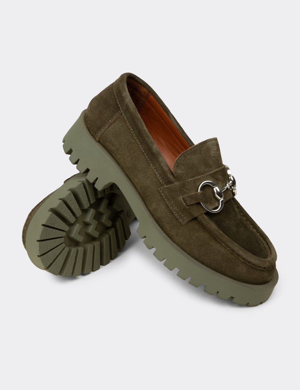 Kadın Hakiki Süet Yeşil Tokalı Loafer - 02037ZYSLC03