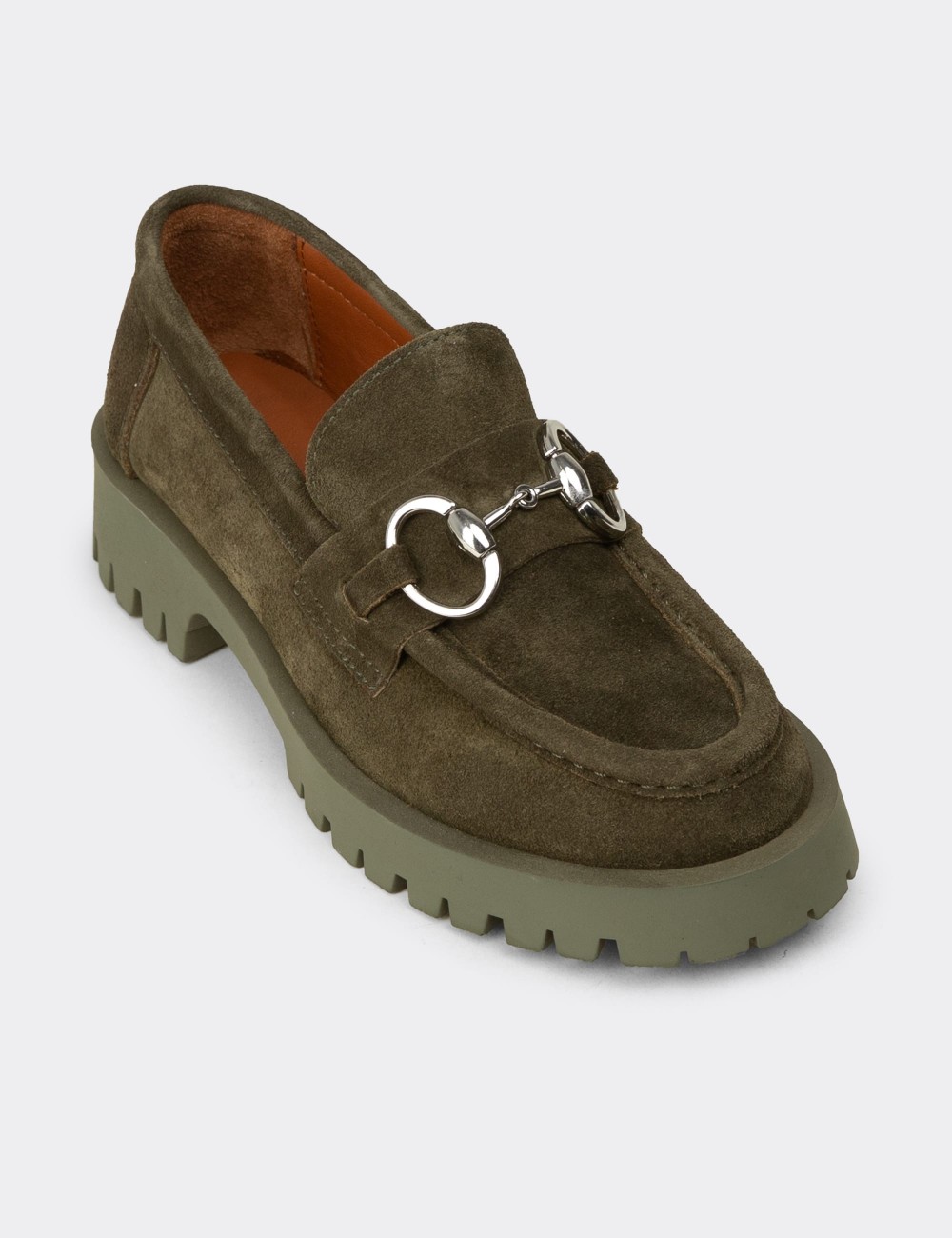 Kadın Hakiki Süet Yeşil Tokalı Loafer - 02037ZYSLC03