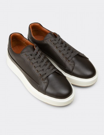 Erkek Hakiki Deri Haki Sneaker Ayakkabı