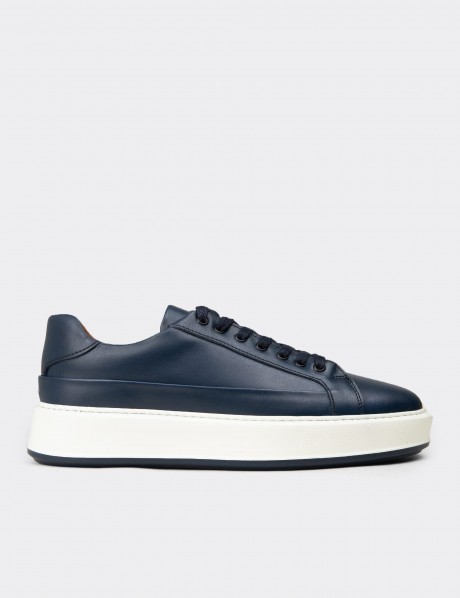 Erkek Hakiki Deri Lacivert Sneaker Ayakkabı