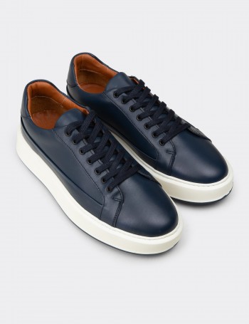 Erkek Hakiki Deri Lacivert Sneaker Ayakkabı - E4482MLCVC01