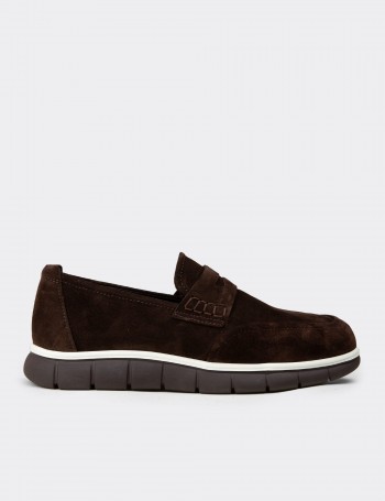 Erkek Hakiki Süet Kahverengi Loafer Ayakkabı - 02045MKHVE01