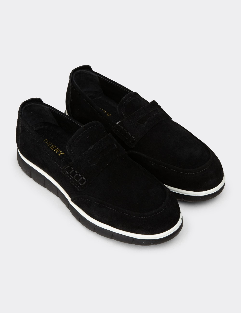Erkek Hakiki Süet Siyah Loafer Ayakkabı - 02045MSYHE01