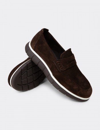 Erkek Hakiki Süet Kahverengi Loafer Ayakkabı - 02045MKHVE01
