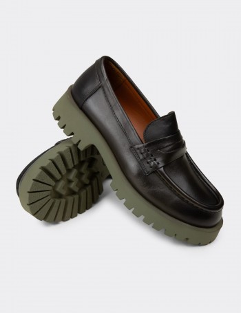 Kadın Yeşil Hakiki Deri Loafer Ayakkabı - 02034ZYSLC01