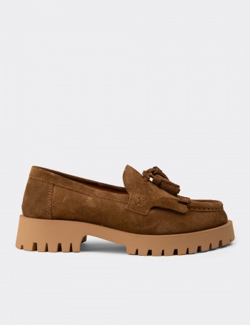 Kadın Hakiki Süet Taba Renkli Püsküllü Loafer